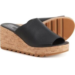 Sorel Cameron Cork Wedge Mule Shoes Black Leather 9.5